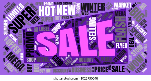 Sale Vector Word Cloud. Promotion Concept Backdrop. Collage for Advertising Background