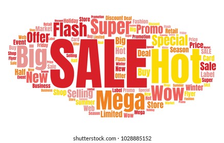 Sale Vector Word Cloud. Promotion Concept Backdrop. Collage for Advertising Background