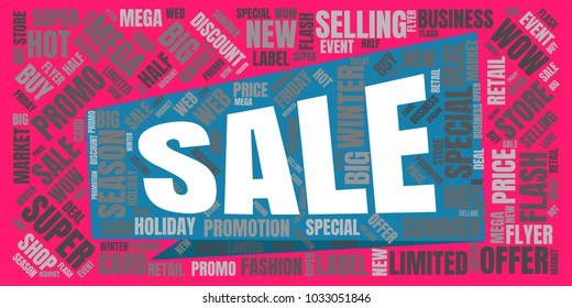Sale Vector Word Cloud. Promotion Concept Backdrop. Collage for Advertising Background
