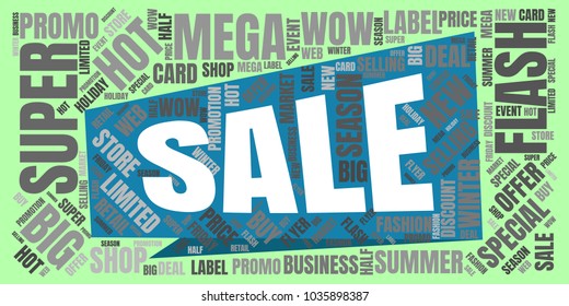 Sale Vector Word Cloud. Promotion Concept Backdrop. Collage for Advertising Background