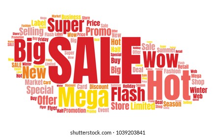 Sale Vector Word Cloud. Promotion Concept Backdrop. Collage for Advertising Background