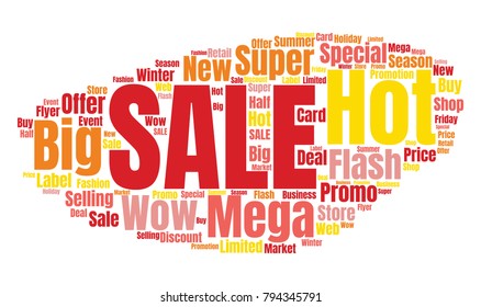 Sale Vector Word Cloud. Promotion Concept Backdrop. Collage for Advertising Background