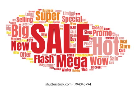 Sale Vector Word Cloud. Promotion Concept Backdrop. Collage for Advertising Background