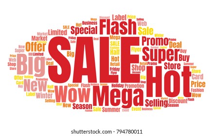 Sale Vector Word Cloud. Promotion Concept Backdrop. Collage for Advertising Background