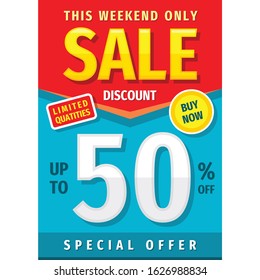 Sale vertical banner design. Discount up to 50% off concept poster. Advertising promotion layout. Special offer. Shop now. Limited quantities. Vector illustration. Shopping graphic decorative banner. 