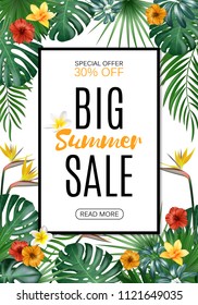Sale vertical banner, poster with palm leaves, jungle leaf and handwriting lettering. Floral tropical summer background. Vector illustration EPS10