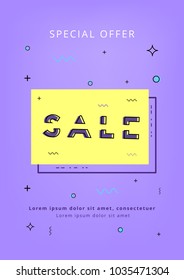 Sale vertical banner. Sliced text. Memphis style. Element for graphic design - ad, poster, flyer, tag, coupon, card. Vector illustration.