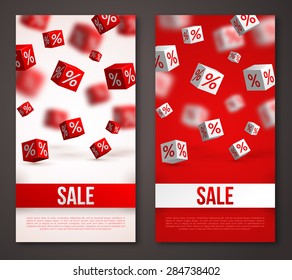 Sale Vertical Banners or Flyers Set. Vector Illustration. Design Template for Holiday Events. 3d Cubes with Percents. Original Festive Backdrop.