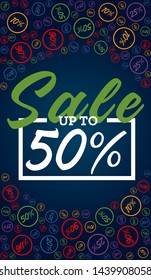 Sale vertical poster on dark blue background. Up to fifty percent off. Vector template.
