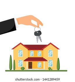 For sale villa or country house. Hand giving the keys. Vector illustration