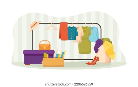 Sale of vintage clothes, shoes, books and accessories. Selling of unnecessary things. Old clothes hanging on hanger on rack. Garage sale, second hand shop, flea market concept cartoon vector