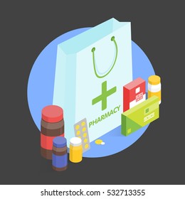 Sale of vitamins and medications. Vector simple illustration. Set of pills and drugs.