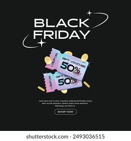 Cupón de viernes negro para ventas de promoción de negocios y compras en línea con descuento. Tag label, Representación 3D de Anuncio de promoción con fondo de color pastel degradado