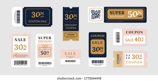 Sale vouchers. Coupon mockup design for sale and gift event posts in social media, discount ticket collection. Vector image banners with promo code offer isolated set