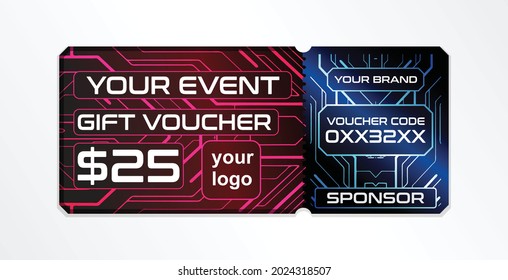 Sale vouchers game. Coupon cyberpunk mockup design or sale and gift event posts in social media, discount ticket collection