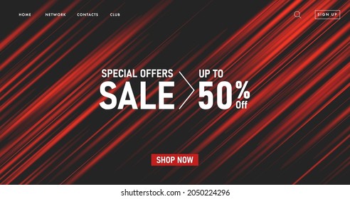 Sale web banner with abstract backdrop of red stripes creating texture in dark space