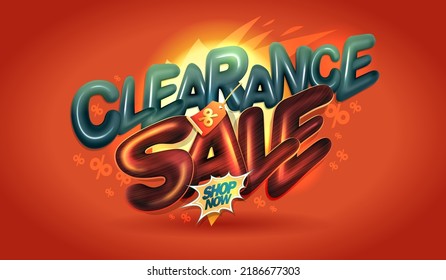 Сlearance sale web banner or flyer vector mockup with 3D lettering and sun symbol