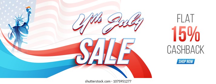 Sale web banner or header design with Statue of Liberty and stylish text 4th of July Sale on national flag waving background. 