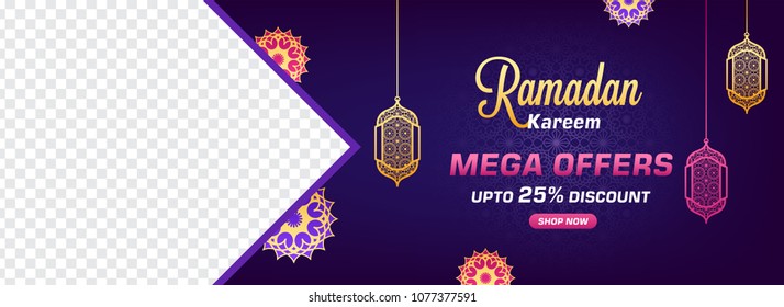 Sale web banner or header design with hanging lanters, and upto 25% off offers, space your product images on blue background.