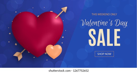Sale Web Banner with Hearts. Beautiful Background with Realistic Symbols of Valentine's Day and Confetti on Red Background. Vector Illustration with Seasonal Offer.