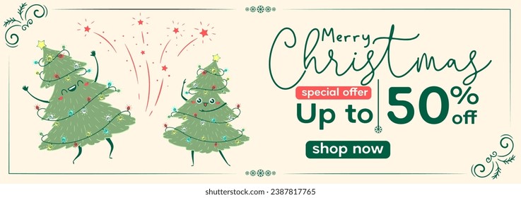 Sale Web Banner with Kawaii Doodle Christmas Tree Dancing. Children's handmade naive style. Simple New Year character. Happy spruce concept. Motivation to buy, discounts, promotions.