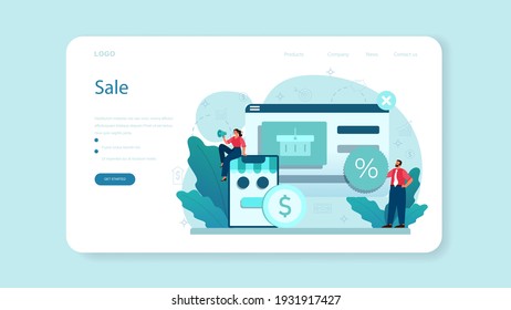 Sale web banner or landing page. Business planning and development. Sales promotion and stimulation for comercial profit. Flat vector illustration