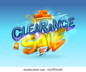 Сlearance sale web banner or poster vector mockup with shiny 3D lettering and shopping cart