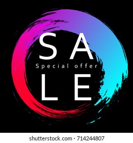 Sale web banner template. Colorful neon paint brush stroke in circle shape with text sale, special offer. Modern material design style of vector illustration for online store advertisement, banner.