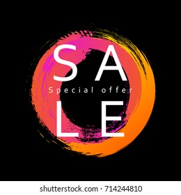 Sale web banner template. Colorful neon paint brush stroke in circle shape with text sale, special offer. Modern material design style of vector illustration for online store advertisement, banner.