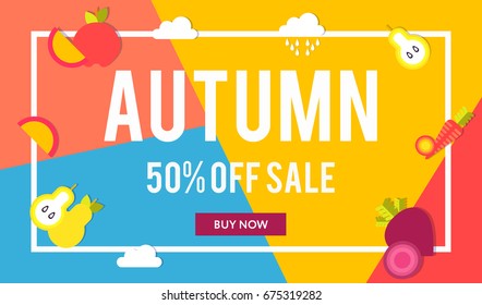 Sale web banners template for special offers advertisement. Autumn Sales. Frame with the discount offer and button and seasonal vegetables and fruits. Trendy colors in a modern material design style. 