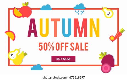 Sale web banners template for special offers advertisement. Autumn Sales. Frame with the discount offer and button and seasonal vegetables and fruits. Trendy colors in a modern material design style. 