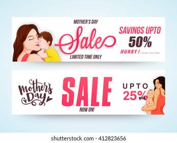Sale Web Headers, Sale Web Banners, Different Discounts for Limited Time with Mother and Child, Vector Illustration for Mother's Day celebration.