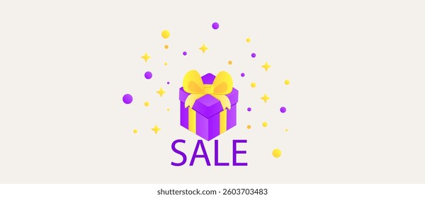 Sale  Web Horizontal Banner With  Confetti And Gift In Purple And Yellow Colors Isolated On White Vector Design