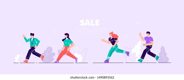 Sale for web, template. Vector illustration with running people. Sale banner concept.