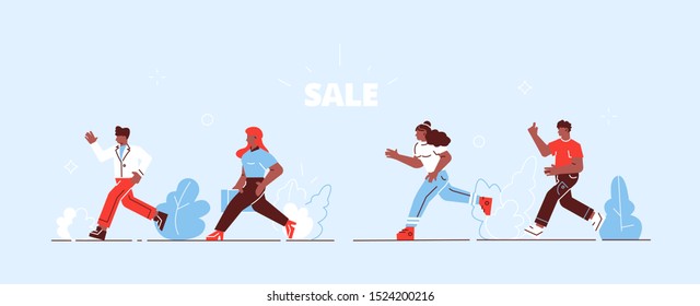 Sale for web, template. Vector illustration with running people. Sale banner concept. Black Friday Sale Event. Flat People Characters with Shopping Bags. Big Discount, Promo Concept, Advertising. 