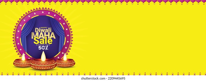 Sale website banner design with realistic oil lamp,indian lady with yellow background for Diwali Festival celebration.
