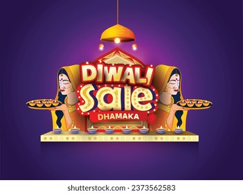 Sale website banner design with realistic oil lamp,indian lady with yellow background for Diwali Festival celebration.
