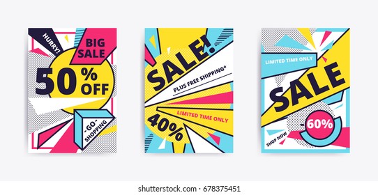 Sale website banner template. Bright youth colorful vector illustrations for social media, posters, email, print, ads designs, promotional material. Yellow Pink Blue black and white