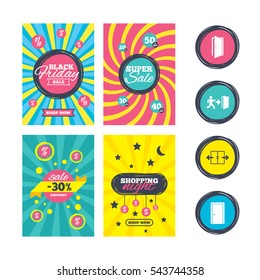 Sale website banner templates. Automatic door icon. Emergency exit with human figure and arrow symbols. Fire exit signs. Ads promotional material. Vector