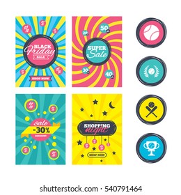 Sale website banner templates. Baseball sport icons. Ball with glove and two crosswise bats signs. Winner award cup symbol. Ads promotional material. Vector
