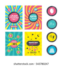 Sale website banner templates. Birthday party icons. Cake and gift box signs. Air balloon and fireworks symbol. Ads promotional material. Vector
