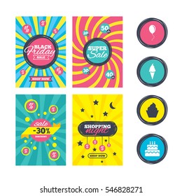 Sale website banner templates. Birthday party icons. Cake with ice cream signs. Air balloon with rope symbol. Ads promotional material. Vector