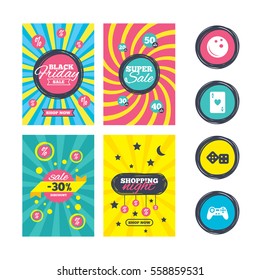 Sale website banner templates. Bowling and Casino icons. Video game joystick and playing card with dice symbols. Entertainment signs. Ads promotional material. Vector