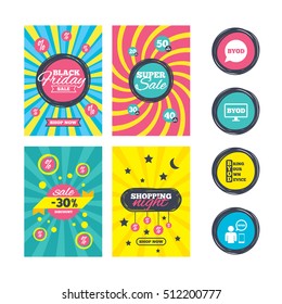 Sale website banner templates. BYOD icons. Human with notebook and smartphone signs. Speech bubble symbol. Ads promotional material. Vector