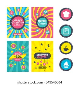 Sale website banner templates. Coffee cup icon. Chef hat symbol. Muffin cupcake signs. Document file. Ads promotional material. Vector