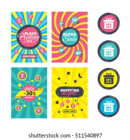 Sale website banner templates. Sale gift box tag icons. Discount special offer symbols. 10%, 20%, 30% and 40% percent sale signs. Ads promotional material. Vector