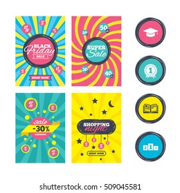 Sale website banner templates. Graduation icons. Graduation student cap sign. Education book symbol. First place award. Winners podium. Ads promotional material. Vector