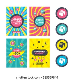 Sale website banner templates. Head with brain and idea lamp bulb icons. Female woman think symbols. Cogwheel gears signs. Ads promotional material. Vector