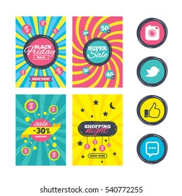 Sale website banner templates. Hipster photo camera icon. Like and Chat speech bubble sign. Hand thumb up. Bird symbol. Ads promotional material. Vector