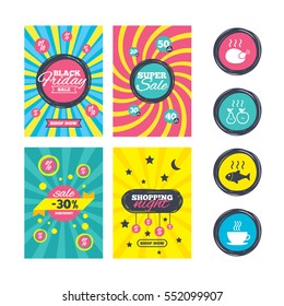 Sale website banner templates. Hot food icons. Grill chicken and fish symbols. Hot coffee cup sign. Cook or fry apple and pear fruits. Ads promotional material. Vector